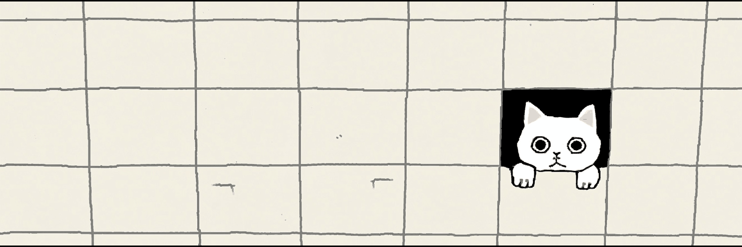 A long office ceiling of drop tiles, one tile missing, a white cat staring down through the gap